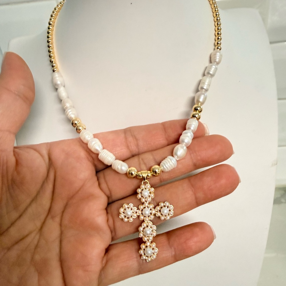 Elegant 14k Gold Plated Pearl Cross Necklace